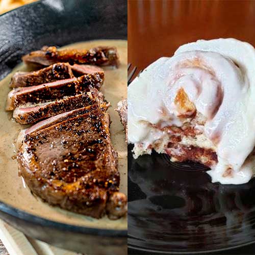 ny strip and cinnamon roll